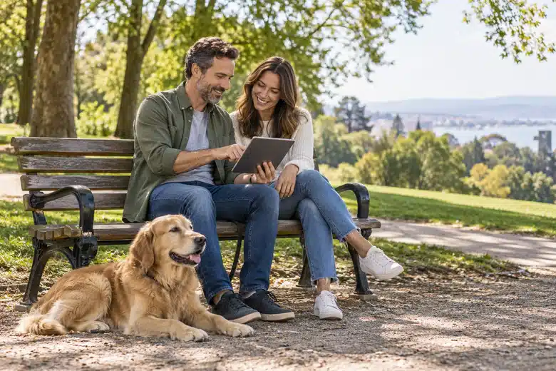 Couple discussing a tablet on a park bench with a dog