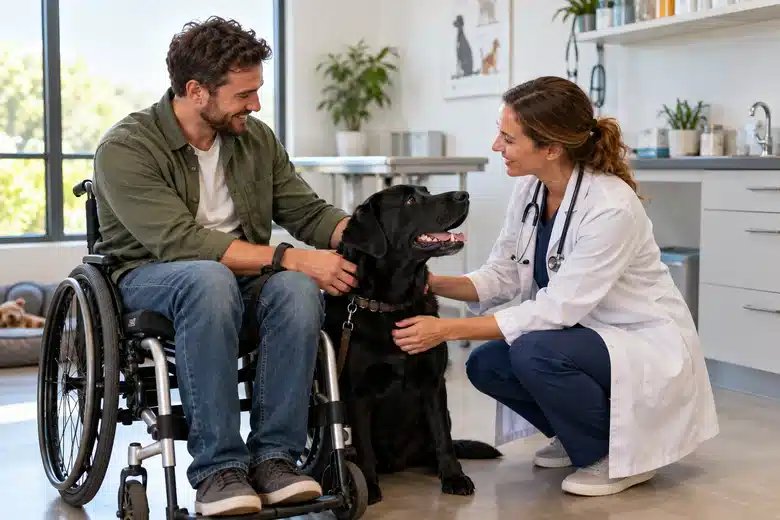 Wheelchair user and black Labrador in a veterinary consultation