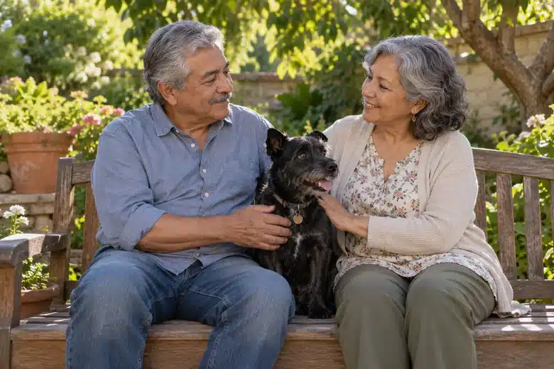 Older couple sitting on a garden bench with a small black terrier