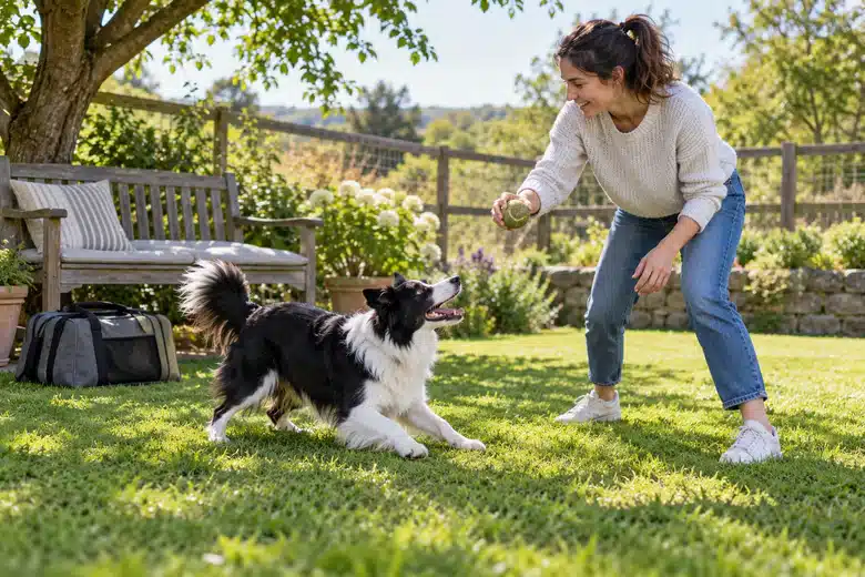 An active border collie plays in a fenced garden