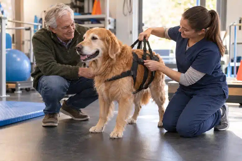 Older owner and golden retriever during a supported rehabilitation visit