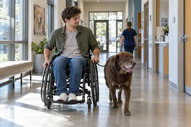 Man in a wheelchair accompanying a large brown dog through a bright veterinary hallway