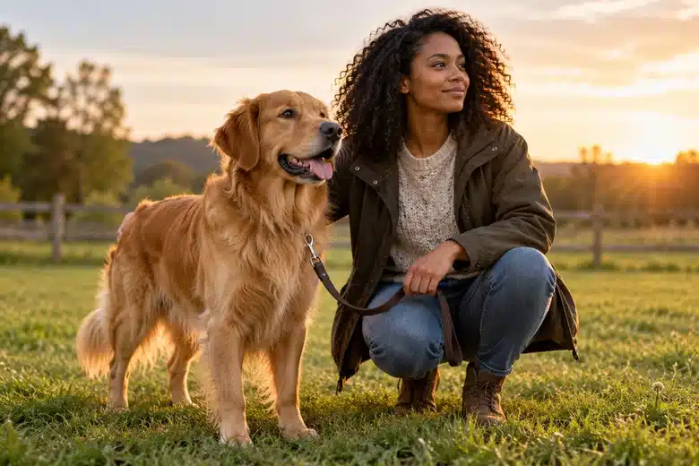 Golden retriever and owner outdoors