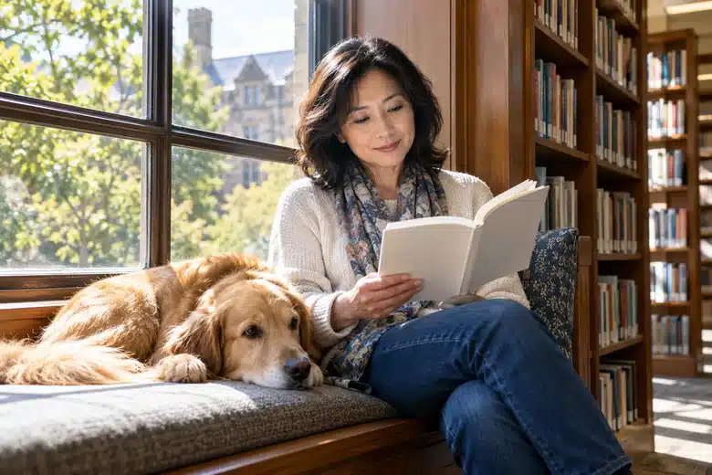Woman reading a plain booklet beside a calm dog on a window bench