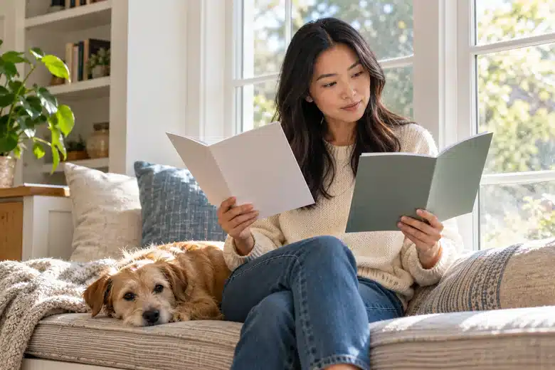 Woman comparing plain documents beside her dog