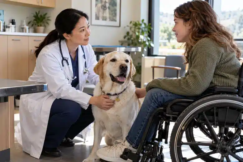 Veterinarian consulting with a wheelchair user and Labrador
