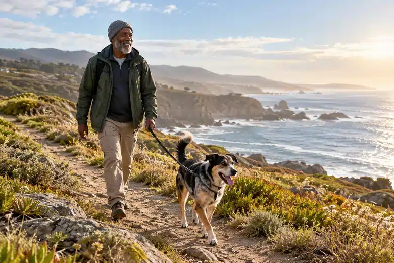 Older man and mixed-breed dog walk along an open coastal path