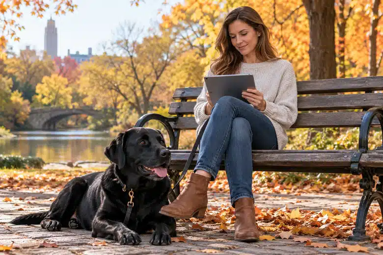 Woman with a black dog looking at a tablet on a park bench