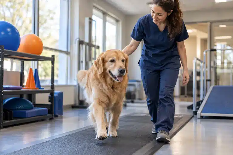 A golden retriever walking with a veterinary technician in a rehabilitation room