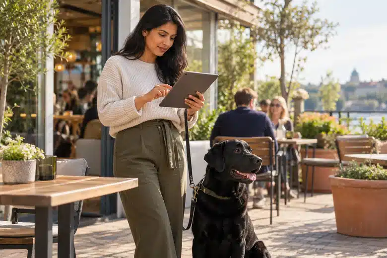 Owner and black Labrador beside an unbranded tablet outdoors