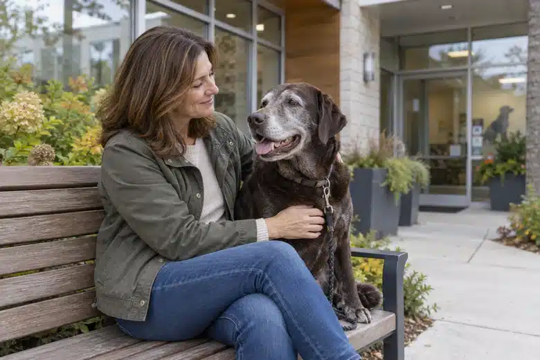 Older Labrador and owner resting on a veterinary courtyard bench