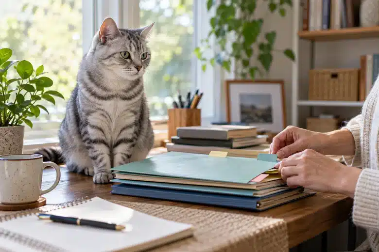 Silver tabby beside veterinary-record folders on a sunny home desk
