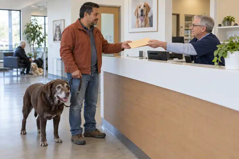 Man collecting a plain records envelope at veterinary reception with an older chocolate Labrador on a lead
