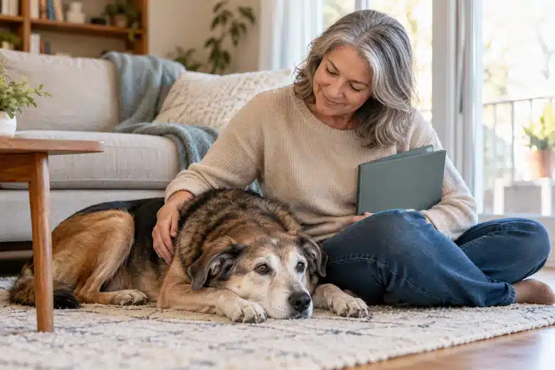 Woman sitting beside an older dog with a closed folder