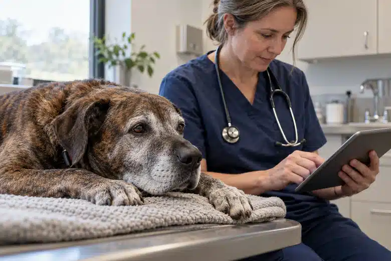 Mature brindle dog resting while a veterinarian reviews its history