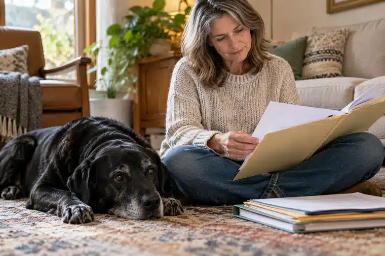 Older black Labrador with owner sorting medical-history folders on a rug
