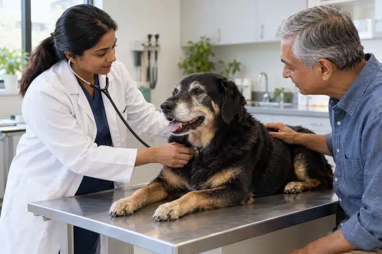 Veterinarian examining a senior black and tan dog while its owner watches