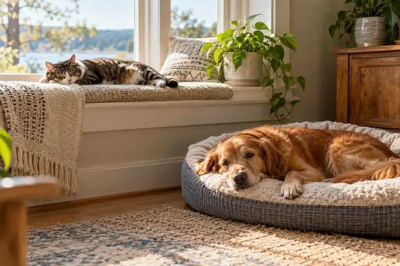 Cat and dog rest separately in a quiet home recovery setting