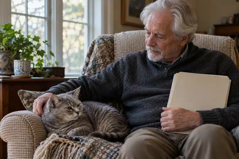 Older man holding a closed records folder beside a resting gray cat