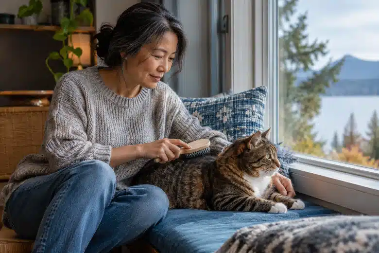 Woman brushing a tabby cat on a window bench