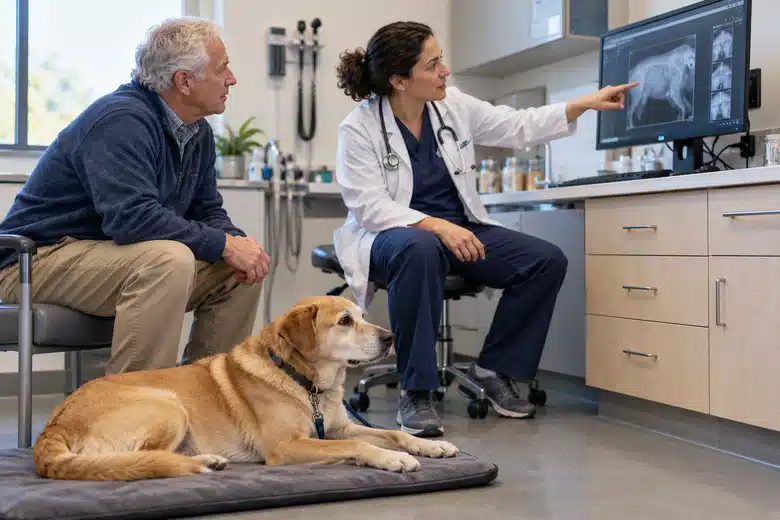 Veterinarian discussing earlier medical records with a dog owner