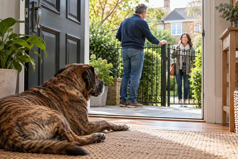 Calm brindle dog inside a home while an owner greets a visitor beyond a secure gate