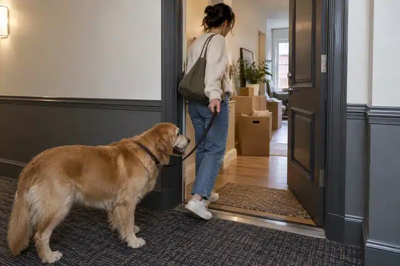 A leashed dog waits at an apartment threshold beside moving boxes