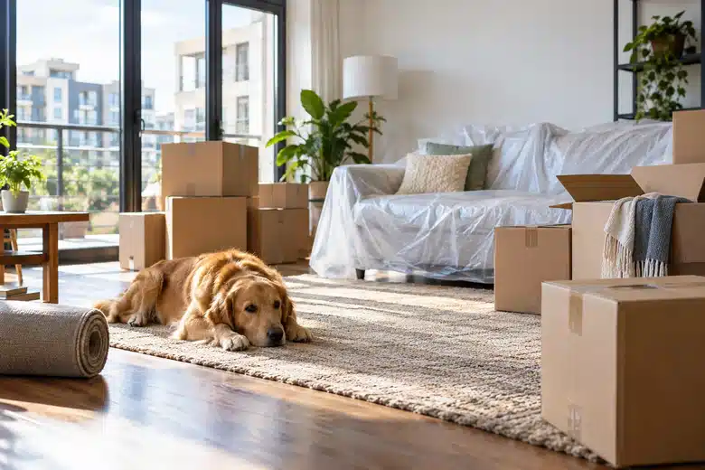 Dog resting in an apartment beside moving boxes