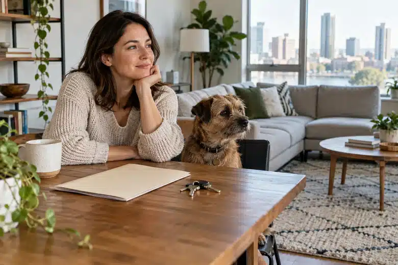 Renter and terrier in a bright apartment beside a sofa and plain lease folder