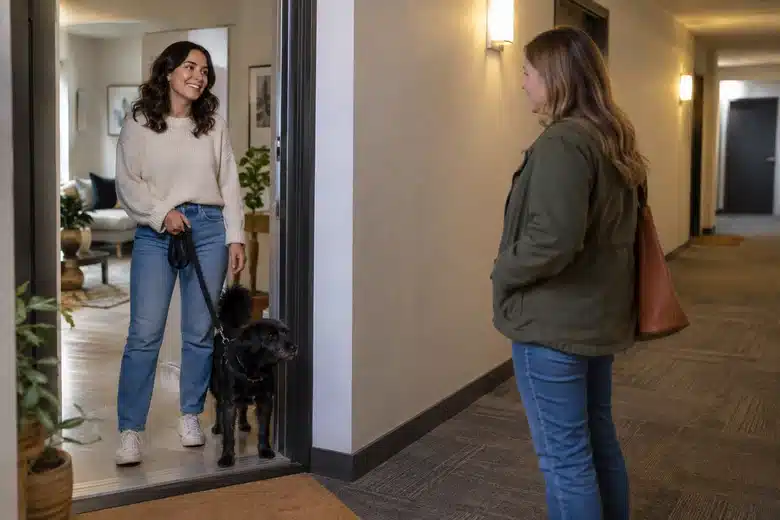 A tenant holds a leashed black dog at an apartment doorway near a neighbor