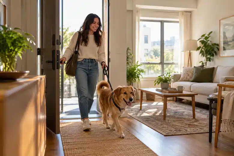 Tenant entering a rented apartment with a leashed dog