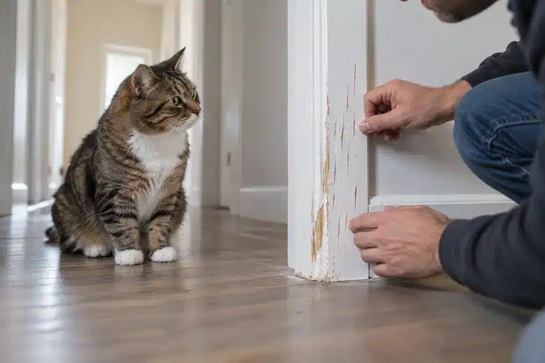Cat beside a scratched apartment door frame being inspected