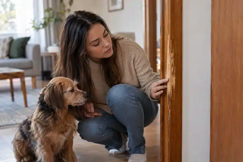 Tenant and small dog near an apartment door with visible scratches