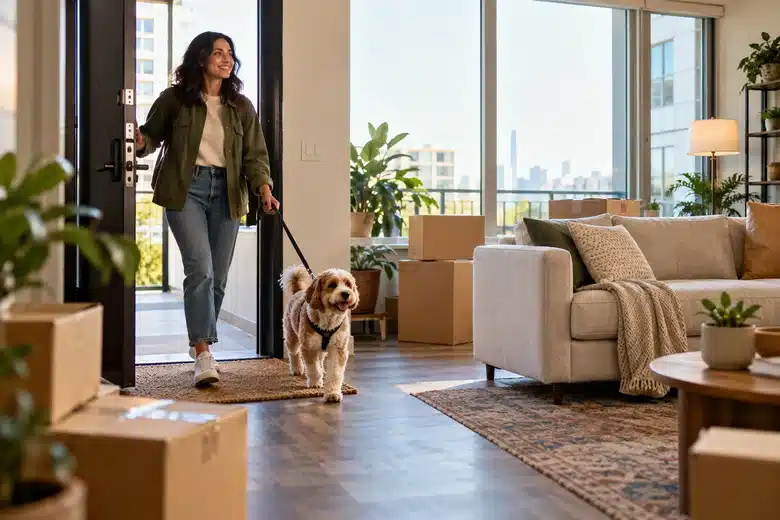 A leashed dog in a rental apartment entrance with moving boxes and an intact sofa