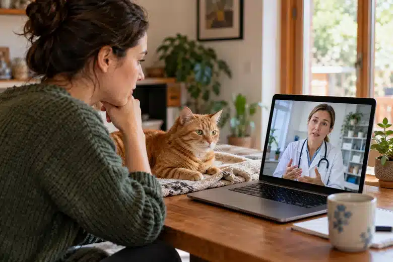 Owner and ginger cat participating in a veterinary video consultation