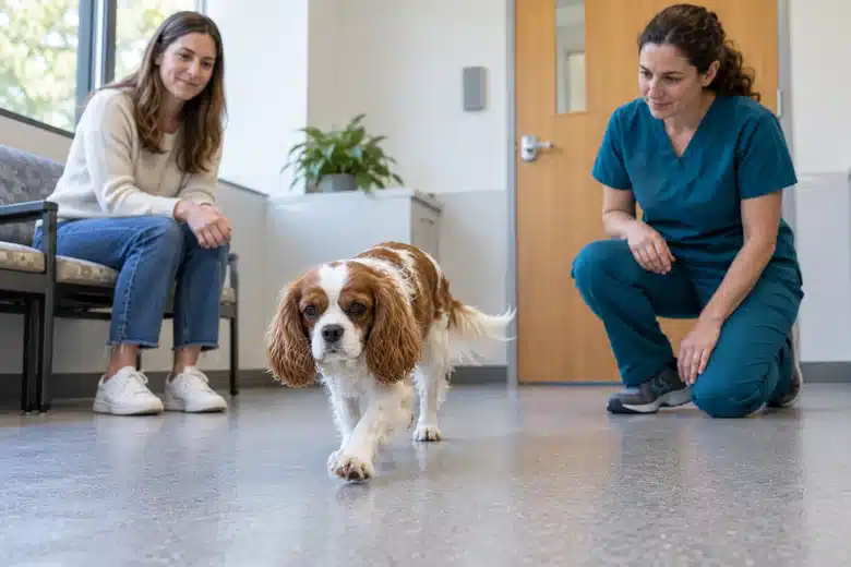 Veterinary professional observing a spaniel walking on a clinic floor