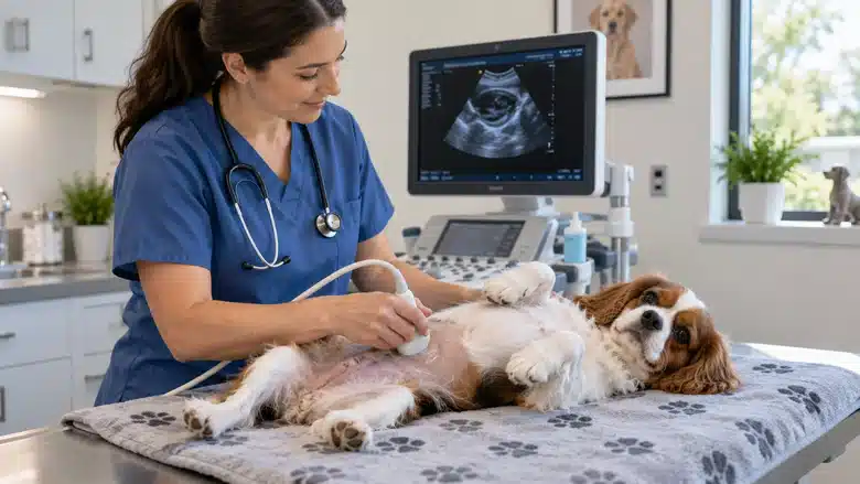 Veterinarian using an ultrasound scanner on a dog in a clinic