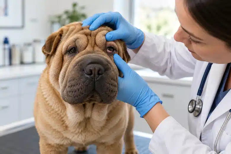 Shar pei having a gentle external eyelid examination by a veterinarian