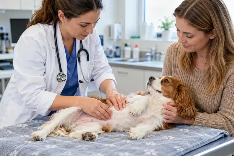 Veterinarian gently examining the abdomen of a calm small dog