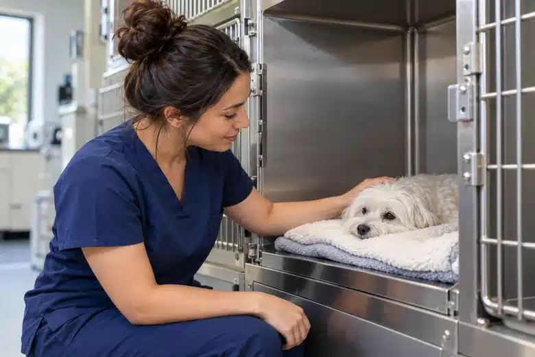 Veterinarian observing a resting small white dog in a recovery kennel