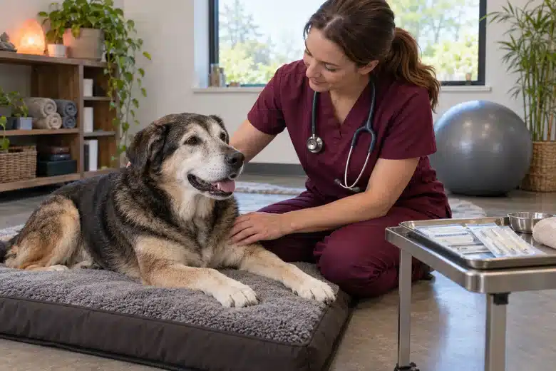 Veterinarian discussing care with a dog in a rehabilitation room