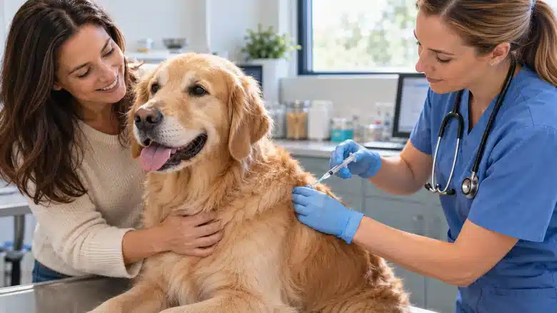 Veterinarian giving a dog an injection while its owner offers reassurance