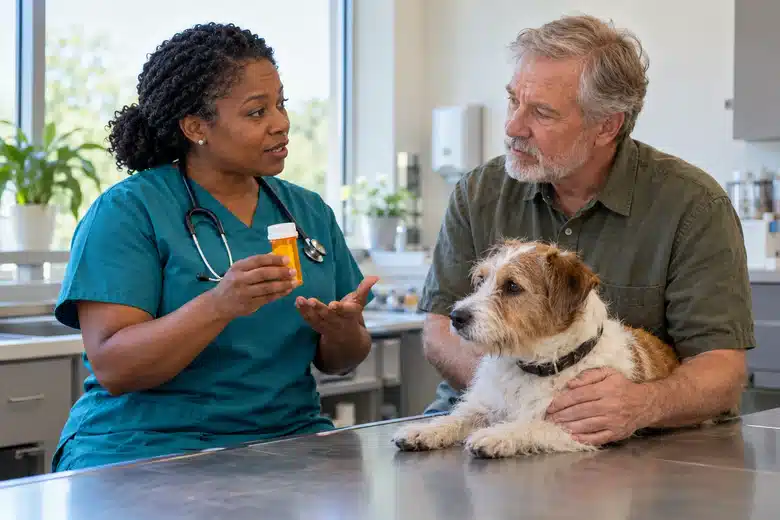 A veterinarian discusses a medication bottle with a dog owner and terrier