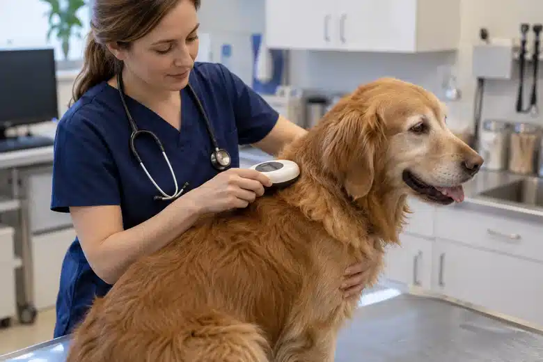 Veterinarian gently scanning a calm dog with an unbranded microchip scanner