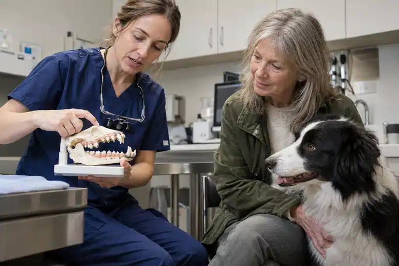 Veterinary dental clinician discussing a jaw model with dog owner