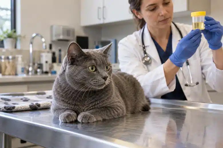 Calm gray cat during a veterinary consultation with a sealed sample container nearby