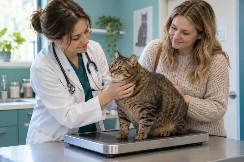 Veterinarian assessing a stocky tabby cat on a clinic scale with its owner nearby