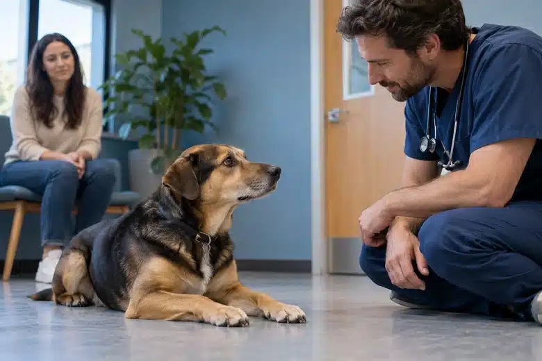 Veterinarian observing a dog during a behavior assessment