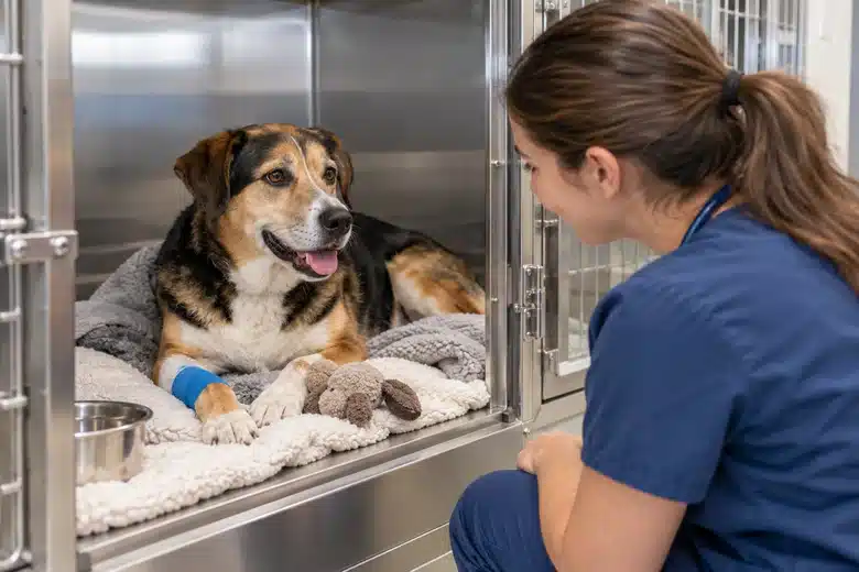Veterinary nurse observing a dog resting in a clean recovery kennel