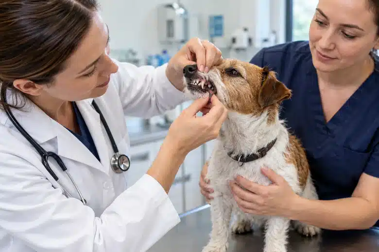 Veterinarian and nurse gently examining a terrier’s mouth